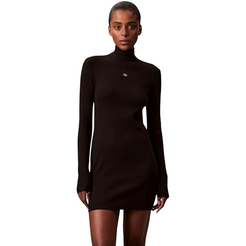 Offerta a tempo: Calvin Klein Donna Abito Attillato Woven Label Ribbed Mini con Colletto alla Coreana, Nero (Black), S - 31% da 109.90 € a 76.00 €