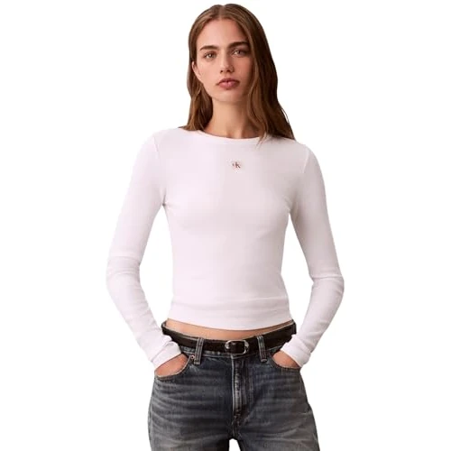 Oferta limitada: Calvin Klein LS Woven Label LV047E205G - Camiseta de Cuello Redondo Acanalado 2X2 para Mujer, Color Blanco Brillante, Talla XL, Blanco (Blanco Brillante), XL de 49.90 € a 24.83 € (ahorro 50%)