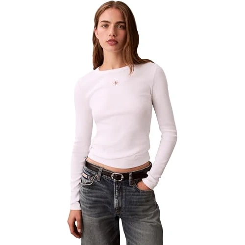 Offerta a tempo: Calvin Klein Donna Maglietta Maniche Lunghe Woven Label con Scollo Rotondo, Bianco (Brilliant White), XS - 46% da 49.90 € a 26.99 €