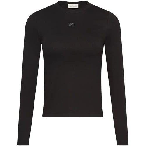 Calvin Klein LV047E205G - Maglietta da Donna con Etichetta Tessuta 2 x 2 cm, Colore Nero (Nero), S, Nero (Nero), S