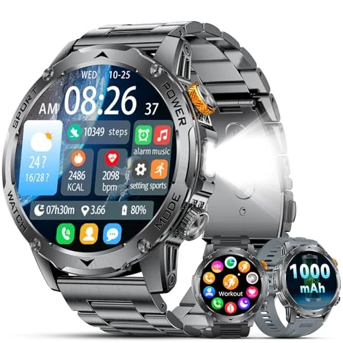 LIGE Smartwatch Men's 1000 mAh Battery, 1.75 Inch HD Large Display/Bluetooth Phone Function/Torch, 120+ Sports Modes, Fitness Watch, SpO2/Heart Rate/Sleep Monitor, IP68 Waterproof for Android iOS