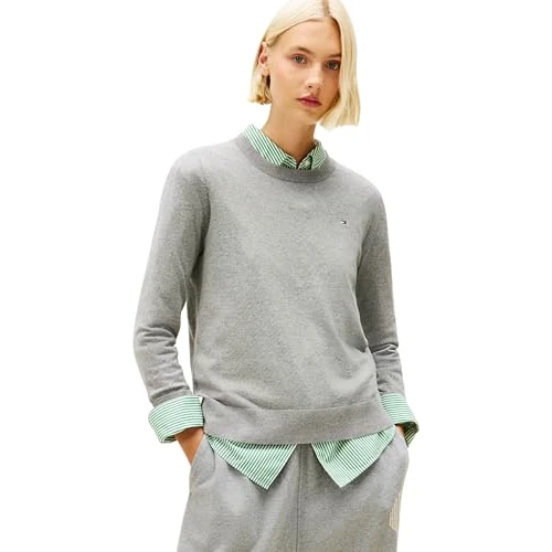 Tommy Hilfiger Damen CO Jersey FINE GG LS C-NK SWT WW0WW44984 Pullover Sweater, Grau (Med Heather Grey), 3XL, Grau (Med Heather Grey), 3XL Große Größen