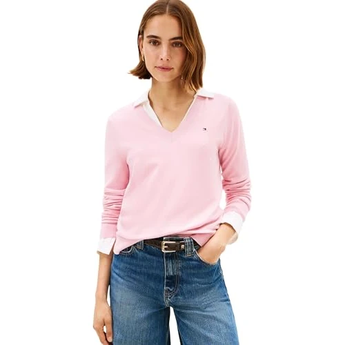 Offerta a tempo: Tommy Hilfiger Co Jersey Stitch V-Nk Sweater Ww0Ww40098, Maglione Pullover, Donna, Rosa (Bonita Pink), XXL - 53% da 99.90 € a 46.74 €