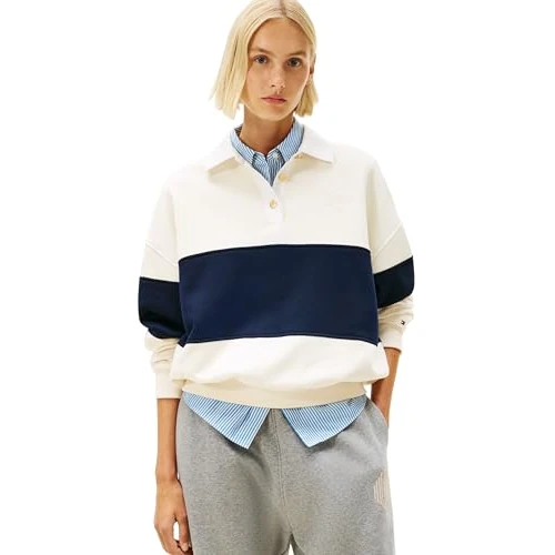 Limited-time offer: Tommy Hilfiger Women's GOLD BTN RUGBY FLEECE SWTSRT WW0WW48785 Pullover Sweatshirt, BEIGE (Calico), XS from 140.00 GBP to 119.00 GBP (save 15%)