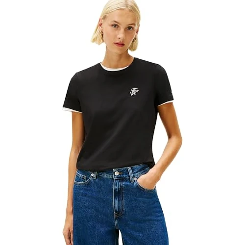 Tommy Hilfiger Camiseta TH Script REG C-NK SS para Mujer, WW0WW47809 S/S, Color Negro (Negro), Talla M, Negro (Negro), M