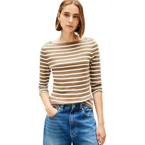 Tommy Hilfiger T-Shirt Slim Cody Boat-NK 3/4SLV WW0WW40589 L/S pour Femme, Marron (Nordic Taupe/Ecru STP), M, Marron (Nordic Taupe/Ecru STP), M