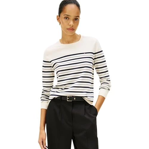 Offerta a tempo: Tommy Hilfiger Donna Pullover Jersey Fine con Scollo Rotondo, Nero (Calico/Dark Night Navy Multi STP), M - 65% da 99.90 € a 34.99 €