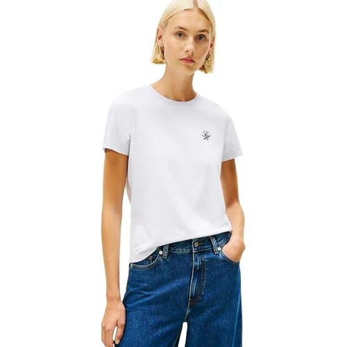Tommy Hilfiger Damska koszulka TH Script REG C-NK SS TEE WW0WW47809 S/S, niebieska (Morning Sky Blue), XXL, Niebieski (Morning Sky Blue), XXL