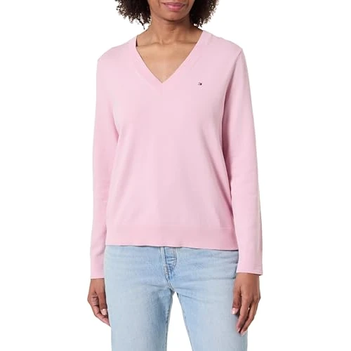 Tommy Hilfiger Damen CO Jersey FINE GG V-NK LS SWT WW0WW40098 Pullover Sweater, Pink (Bonita Pink), M, Rosa (Bonita Pink), M