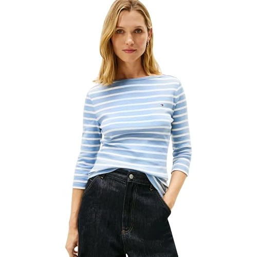 Offerta a tempo: Tommy Hilfiger Slim Cody Boat-Nk 3/4Slv Ww0Ww40589, Maglietta a Maniche Lunghe, Donna, Blu (Clear Water/Ecru STP), XXS - 57% da 59.90 € a 25.60 €