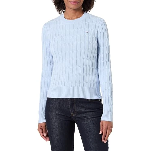 Tommy Hilfiger Maglione da Donna CO Cable Mid GG C-NK LS Swt WW0WW47644, Blu (Breezy Blue), L, Blu (Breezy Blue), L