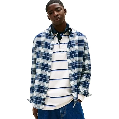 Offerta a tempo: Tommy Jeans Uomo Camicia Flannel Check Shirt Regular Fit, Grigio (Dark Night Navy/Big Check), M - 44% da 84.90 € a 47.93 €
