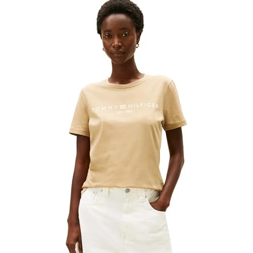 Tommy Hilfiger REG Corp Logo C-NK SS WW0WW40276 Other Tops para Mujer, Beige (Driftwood Taupe), L, Beige (Driftwood Taupe), L