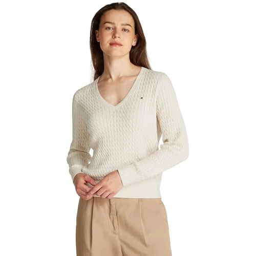 Offerta a tempo: Tommy Hilfiger Donna Pullover Cable Fine con Scollo a V, Beige (Heather Ivory Petal), L - 54% da 129.90 € a 59.92 €