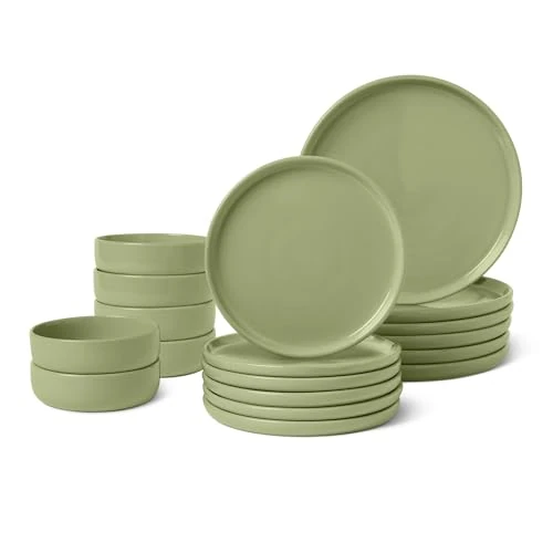 Limited-time offer: Amazon Basics Glazed Stoneware Dinnerware, 18-Piece Set, 6 Full Place Settings, Dishwasher-Safe, Olive from 62.95 GBP to 50.82 GBP (save 19%)