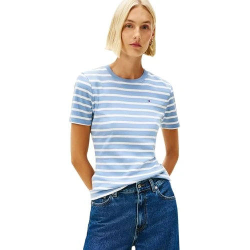 Offerta a tempo: Tommy Hilfiger Slim Cody C-Nk SS Ww0Ww40587, Maglietta a Maniche Corte, Donna, Blu (Clear Water/Ecru STP), 3XL - 19% da 49.90 € a 40.46 €