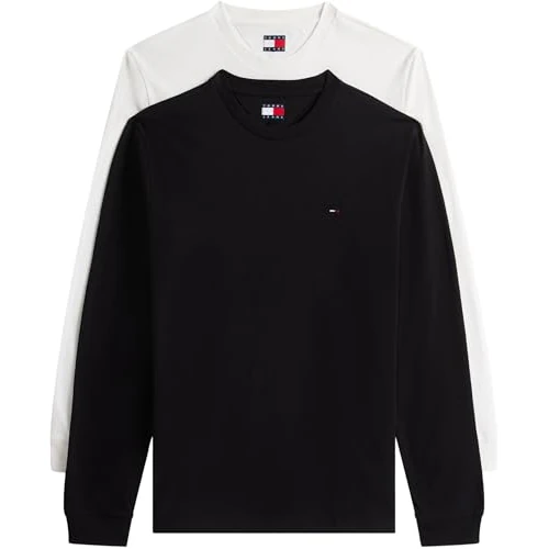 Tommy Jeans Heren TJM Slim 2PACK L/S EXT DM0DM22148 L/S T-Shirt, Multi (Ecru/Zwart), L, Multi (Ecru/Zwart), L
