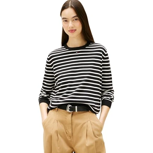 Tommy Jeans Damen TJW Essential Crew Sweater EXT DW0DW20159 Pullover Sweater, Schwarz (Black/Ecru Stripe), S, Schwarz (Schwarz/Ecru Stripe), S