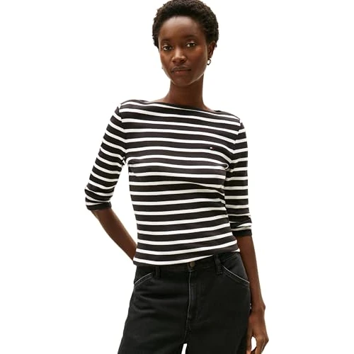 Tommy Hilfiger Women's Slim Cody Boat-NK 3/4SLV WW0WW40589 L/S T-Shirt, Black (Black/Ecru STP), S