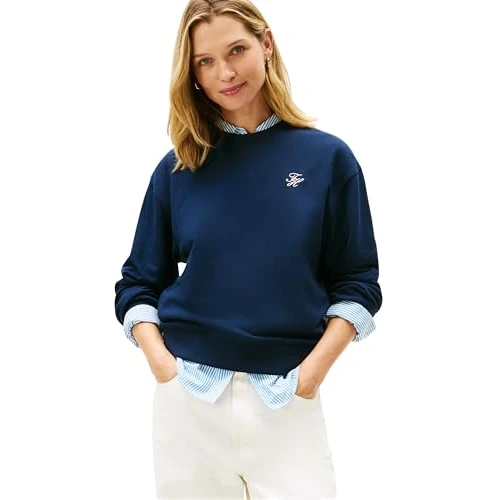 Offerta a tempo: Tommy Hilfiger Donna Felpa Script Terry Regular Fit, Blu (Dark Night Navy), XS - 51% da 99.90 € a 49.00 €