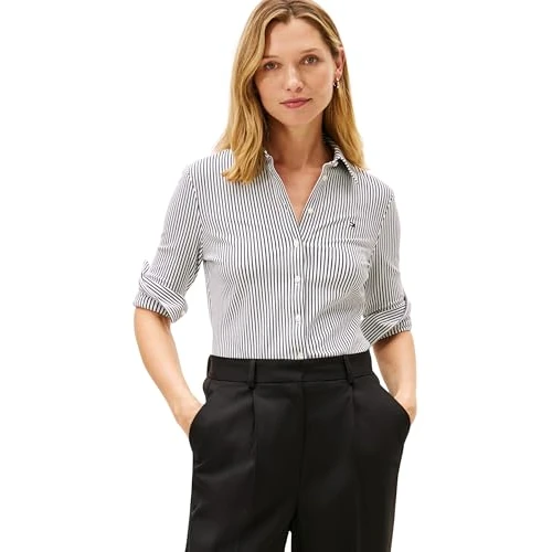 Offerta a tempo: Tommy Hilfiger Donna Camicia 1985 Slim con Colletto a Punta, Blu (Ecru/Dark Night Navy Ithaca), S - 44% da 99.90 € a 56.42 €