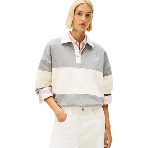 Offerta a tempo: Tommy Hilfiger Donna Felpa Gold BTN Rugby Fleece Swtsrt con Chiusura a Bottoni, Grigio (Med Heather Grey), L - 61% da 149.90 € a 59.04 €