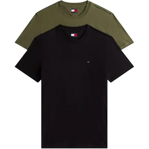Offerta a tempo: Tommy Jeans Uomo T-Shirt Maniche Corte Confezione da 2 Xslim Jersey in Cotone, Multicolore (Black/Dark Greenery), M - 41% da 54.90 € a 32.17 €