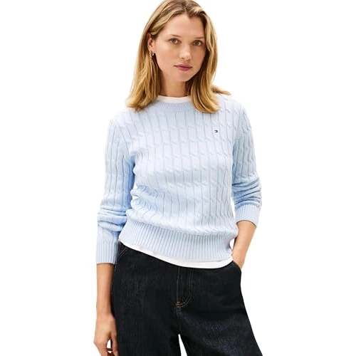 Offerta a tempo: Tommy Hilfiger Donna Pullover Cable in Cotone, Blu (Breezy Blue), S - 65% da 149.90 € a 51.99 €