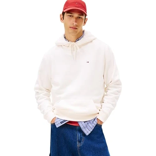 Offerta a tempo: Tommy Jeans Uomo Felpa Regular Fit Flag Fleece con Cappuccio, Avorio (Ancient White), XS - 60% da 79.90 € a 31.99 €