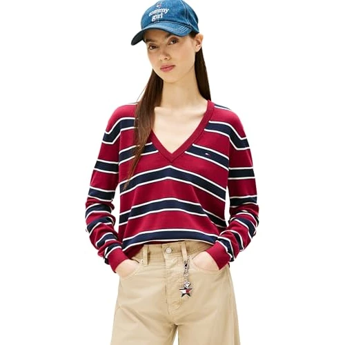 Offerta a tempo: Tommy Jeans Donna Pullover Essential con Scollo a V, Nero (Lavish Cerise/Multi Stripe), L - 48% da 89.90 € a 46.36 €