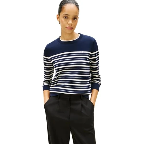 Offerta a tempo: Tommy Hilfiger Donna Pullover Jersey Fine con Scollo Rotondo, Marrone (Dark Night Navy/Calico Multi STP), XXS - 51% da 99.90 € a 49.00 €