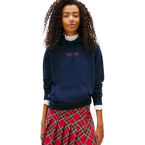 Offerta a tempo: Tommy Jeans Donna Felpa con Cappuccio Regular Fit con Tasca a Marsupio, Blu (Dark Night Navy), 1XL - 61% da 89.90 € a 35.01 €