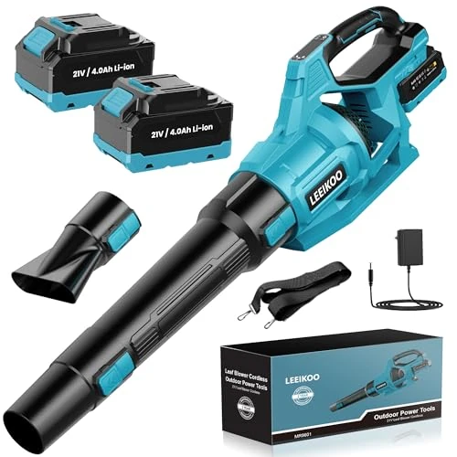 LEEIKOO akumulatorowa dmuchawa do liści, 21 V, z 2 akumulatorami 4,0 Ah z 3 stopniami prędkości, 2 zdejmowane rury dmuchające, pasek na ramię, bezprzewodowa dmuchawa do liści do ogrodu i czyszczenia