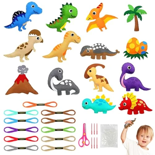 Zeitlich begrenztes Angebot: Vicloon 14 Stück Nähset Kinder, Filztiere Nähen Set, Bastelset für ab 6 Jahren und Anfänger, Nähen Kinder Filzset mit Stickgarn Plastiknadeln Füllwatte (Dinosaurier) von 9.99 € auf 9.99 € (0.00% Rabatt)