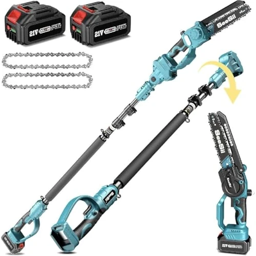 SEESII 2-in-1 Cordless Chain Saw and Mini Chainsaw with 2 4000mAh Batteries, 8 Inch Brushless Chainsaw with Telescopic Pole, Extendable up to 15 Feet for Tree Pruning