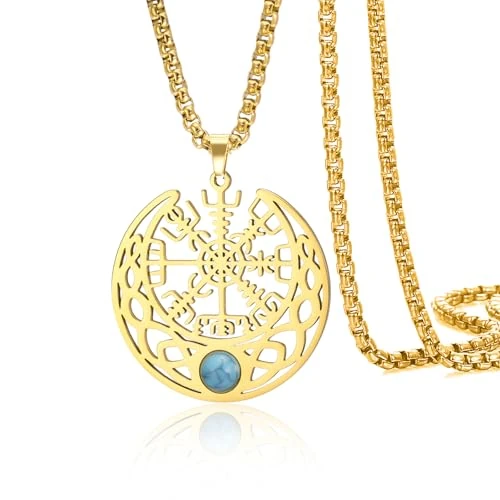 Offerta a tempo: VASSAGO Collana vichinga norrena Bussola in acciaio inox Vegvisir Ciondolo Mezzaluna con nodo celtico turchese Talismano Amuleto Gioielli (catena a scatola d'oro) - 20% da 11.98 € a 9.58 €
