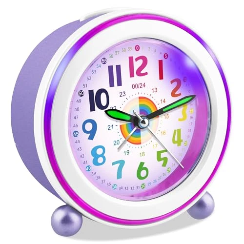 Ayybboo Children's Alarm Clock, Boys and Girls, Learning Alarm Clock Children Without Ticking with Snooze and Night Light, Battery Operated Children's Alarm Clock, Quartz Analogue Alarm Clock for