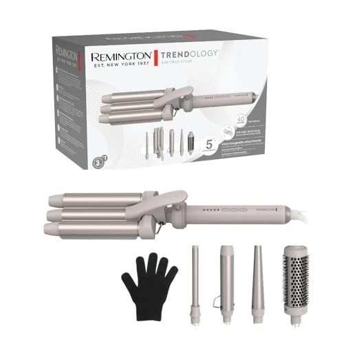 Remington Ferro Arricciacapelli 5in1, Ondulatore, [3 Bacchette in ceramica 13-,33mm, Spazzola rotonda, Accessorio Onde] Display LED 130-210°C, Onde da spiaggia, Ricci spiralati e naturali CI41MS5E51
