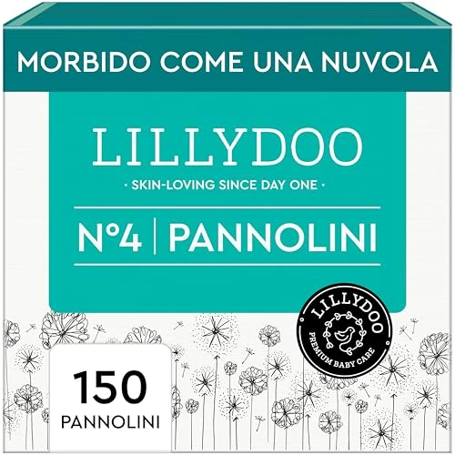 Pannolini LILLYDOO delicati sulla pelle - taglia 4 (9+ kg), pacco scorta (150 unità), protezione contro le fuoriuscite, morbidi, senza profumi & lozioni e dermatologicamente testati