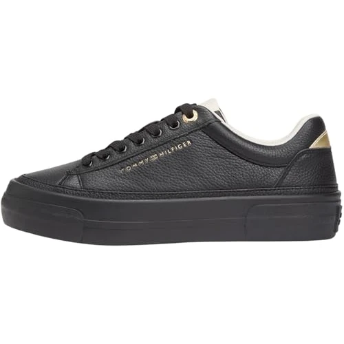 Tommy Hilfiger Damen Th Plateau-Sneaker Tumbled LTR Fw0fw09018 Low-Top, Black, 40 EU