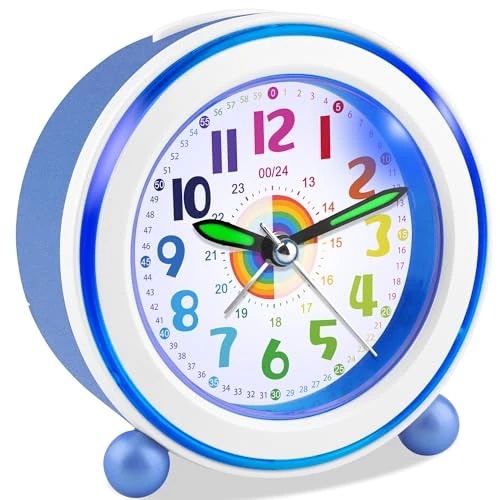 Ayybboo Alarm Clock Children Boys and Girls, Learning Alarm Clock Children Without Ticking with Snooze and Night Light, Battery Operated Children's Alarm Clock, Quartz Analogue Alarm Clock for