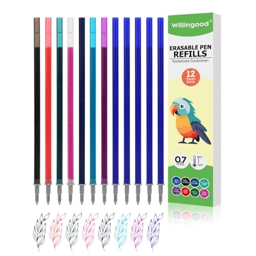 Willingood Recambios para bolígrafos [5 azules + 7 colores, 12 unidades], recambios para lápices borrables, juego de cartuchos de tinta