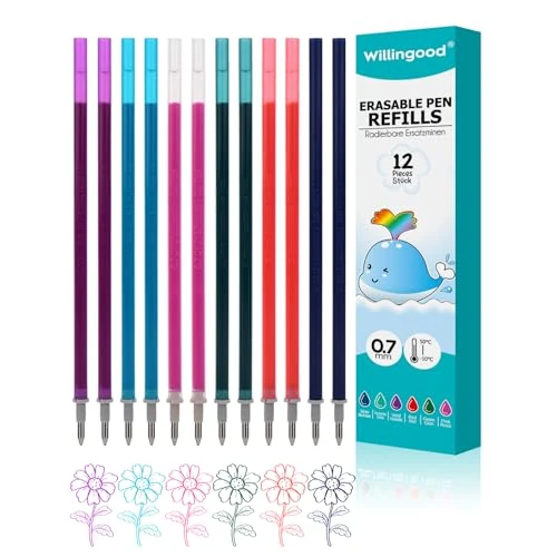 Mine di ricambio per penne [6 colori, confezione da 12 pezzi] – Compatibile con Legami – Facile da cancellare – Punta della penna 0,7 mm, altezza 13 cm