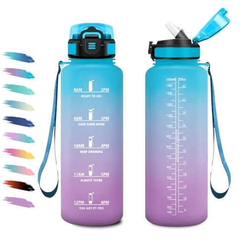 Sportfles, 1,5 l, sportdrinkfles met rietje, geschikt voor koolzuurhoudende dranken, lekvrij met tijdmarkering, drinkfles sport voor fitness, gym, sportschool, bubbels, camping