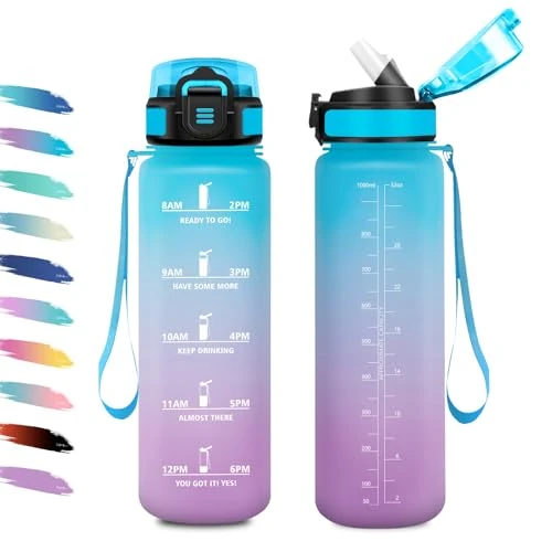 Offerta a tempo: Borraccia Sportiva 1L, Borraccia con Cannuccia, a Prova di Perdite, Facile Pulizia, Bottiglia Acqua Motivazionale con Indicatore del Tempo, per Campeggio, Ciclismo, Scuola, Ufficio, Lavoro, Gym - 28% da 15.99 € a 11.46 €