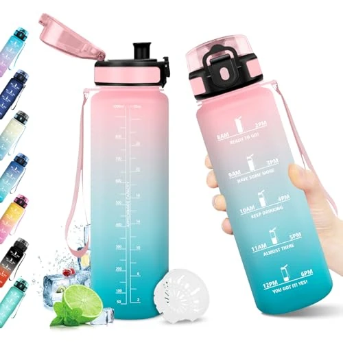 Borraccia 1L, Borraccia Palestra con Indicatore del Tempo, Borracce con Filtro, Bottiglia Acqua Riutilizzabile, senza BPA, A Prova di Perdite, Borracce Sport per Bambini, Adulti, Studenti, Ufficio