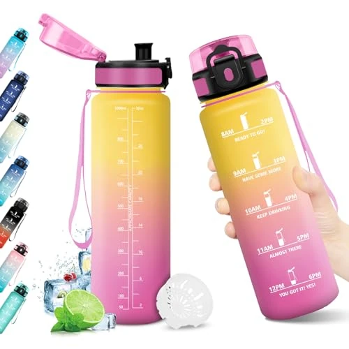 Drinkfles, 1 liter, BPA-vrije drinkfles, filterfles, herbruikbaar, motiverende tijdweergave, lekvrij, ideaal voor kinderen, volwassenen, school, kantoor