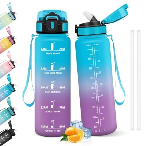 Honeyholly Drinkfles 1L, Lekbestendig, Drinkfles Koolstofdioxide Geschikt, Waterfles Bpa-Vrij, Sportfles Met Rietje, Drinkfles Sporten Voor Hardlopen, Fiets, Fitness