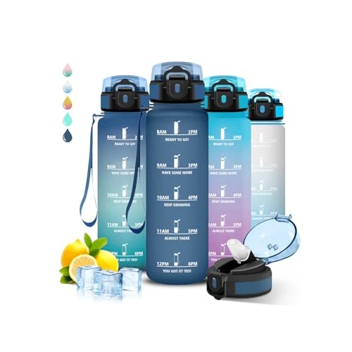Trinkflasche 1l, Trinkflasche Sport, Flasche mit Strohhalm, Leicht zu Reinigen, Wasserflasche Auslaufsicher, Mit Motivierendem Slogan, Wasserflasche mit Zeitmarkierung, für Schule, Yoga, Wandern