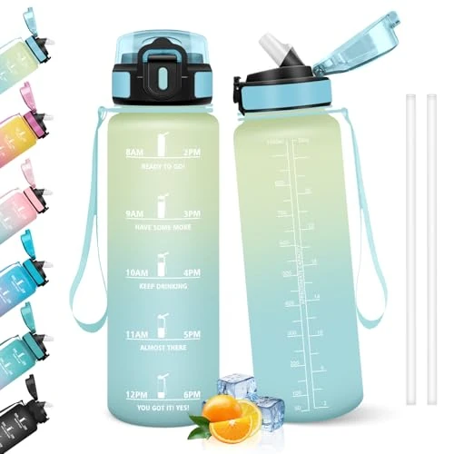 HoneyHolly Butelki Na Wodę Ze Słomką, Bez Bpa, 1000 ML, Butelki Na Napoje Z Paskiem Do Szkolnych Sportów, Wielokrotnego Użytku, Z Oznaczeniami Czasu, Szczelne